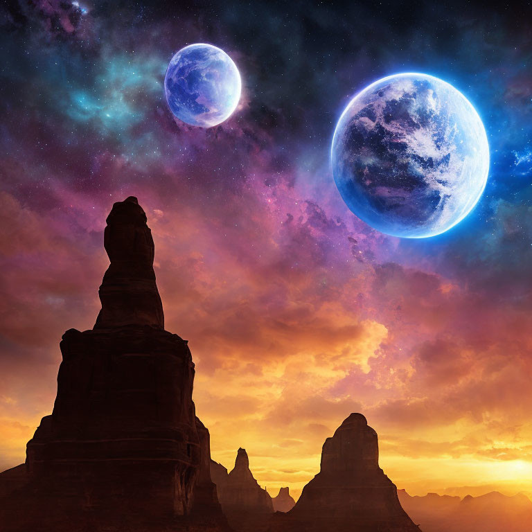 Fantastical sunset landscape with rocky formations, nebula, stars, and planets