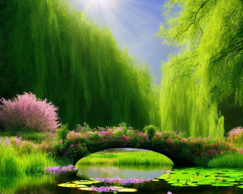 Tranquil pond with lily pads, pink flowers, and green trees on a sunny day