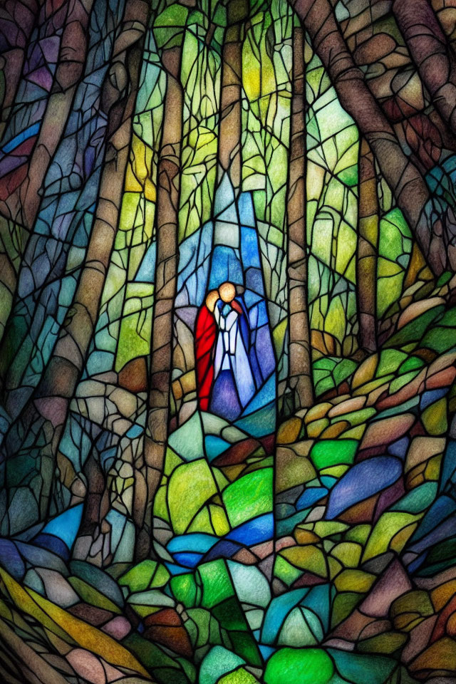 Serene forest scene with cloaked figure in stained glass