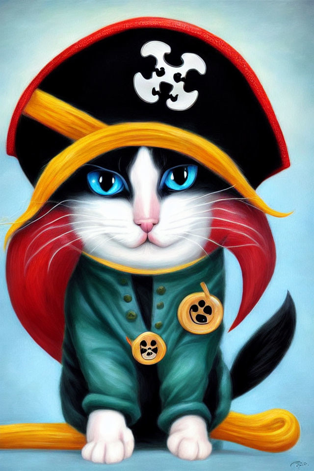 Colorful Cat Pirate Illustration with Hat, Eye Patch, & Green Coat