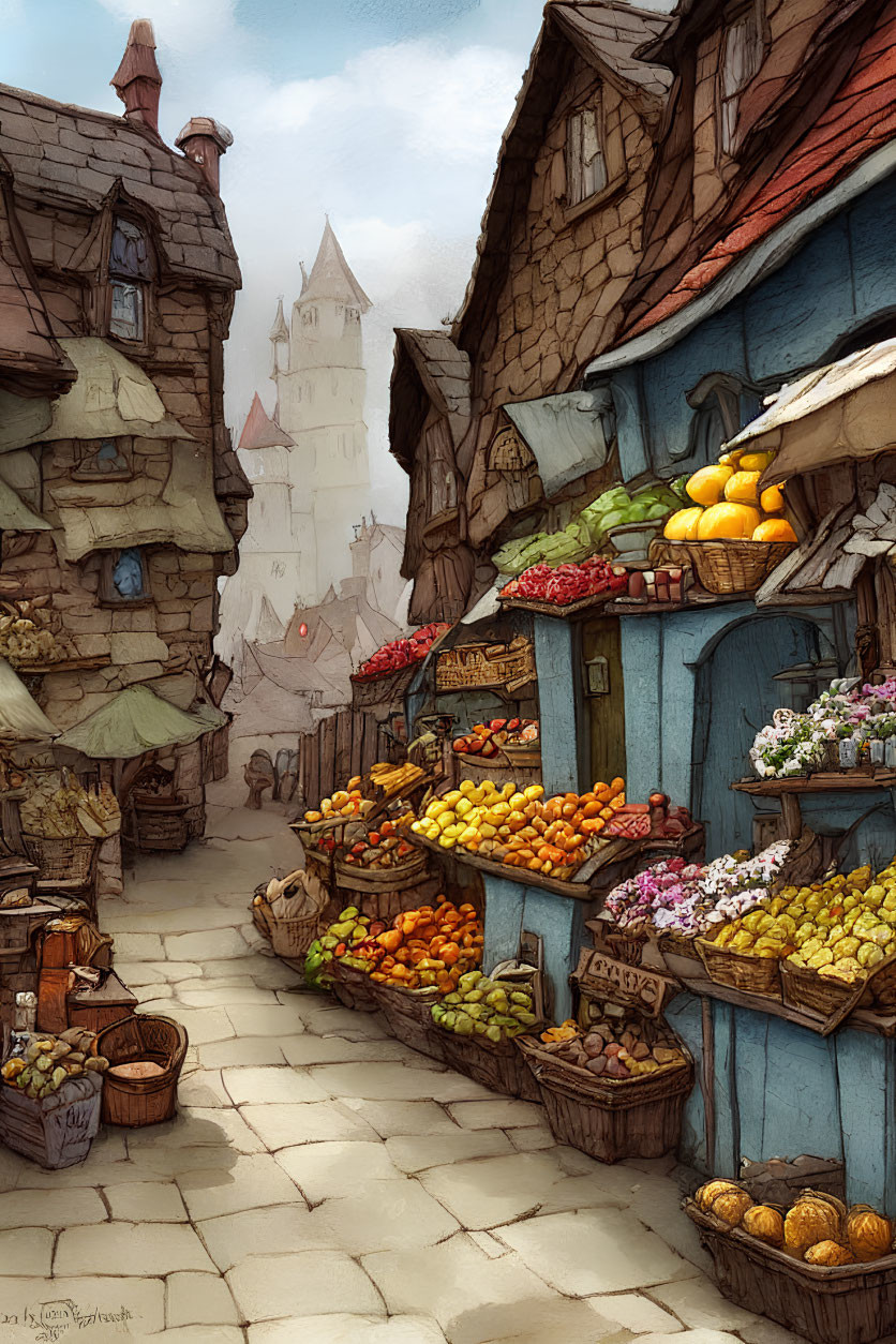 Medieval street with market stalls and rustic buildings in hazy sky