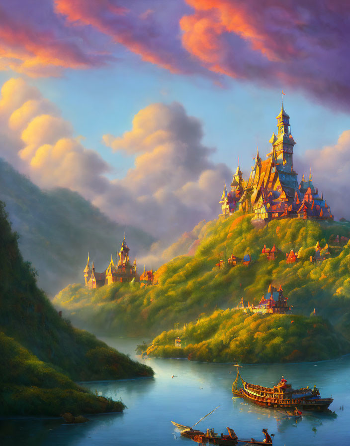 Majestic fairytale castle on lush hill at sunset with serene river.