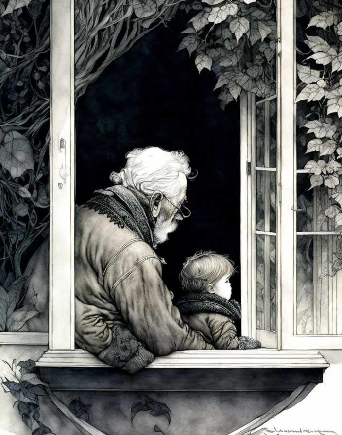 Grandpa with granddaughter at the window 