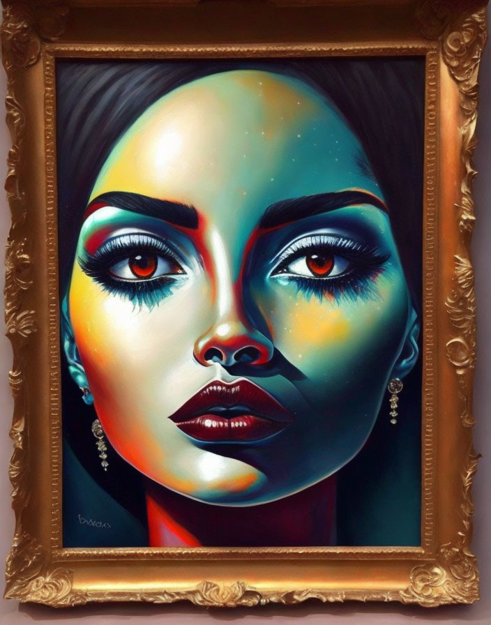 Vibrant portrait of woman with cosmic skin in golden frame