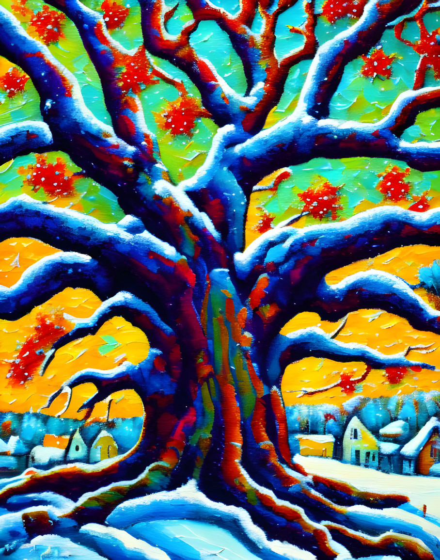 Colorful painting of tree with blue and orange branches in snowy landscape