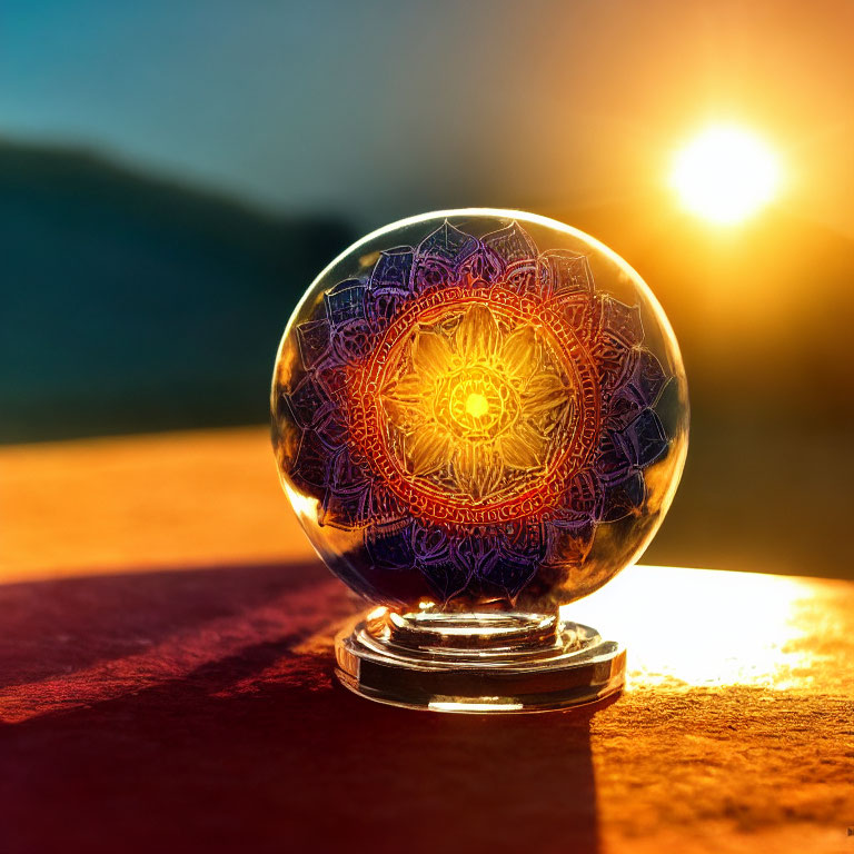 Intricate Mandala Design Crystal Ball Backlit by Warm Sunset Glow