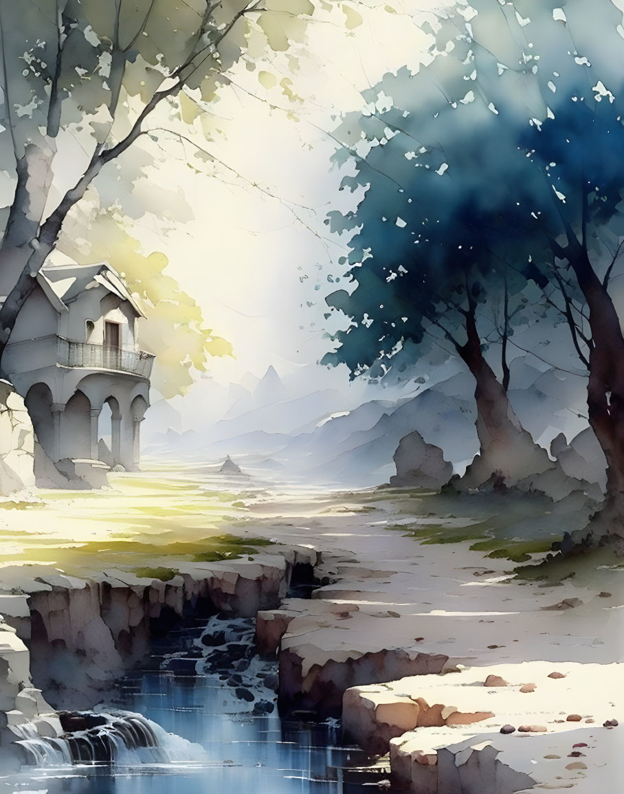 Tranquil watercolor landscape of house by stream