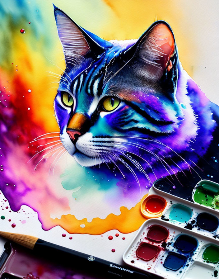 Colorful Watercolor Cat Illustration with Paint Palette