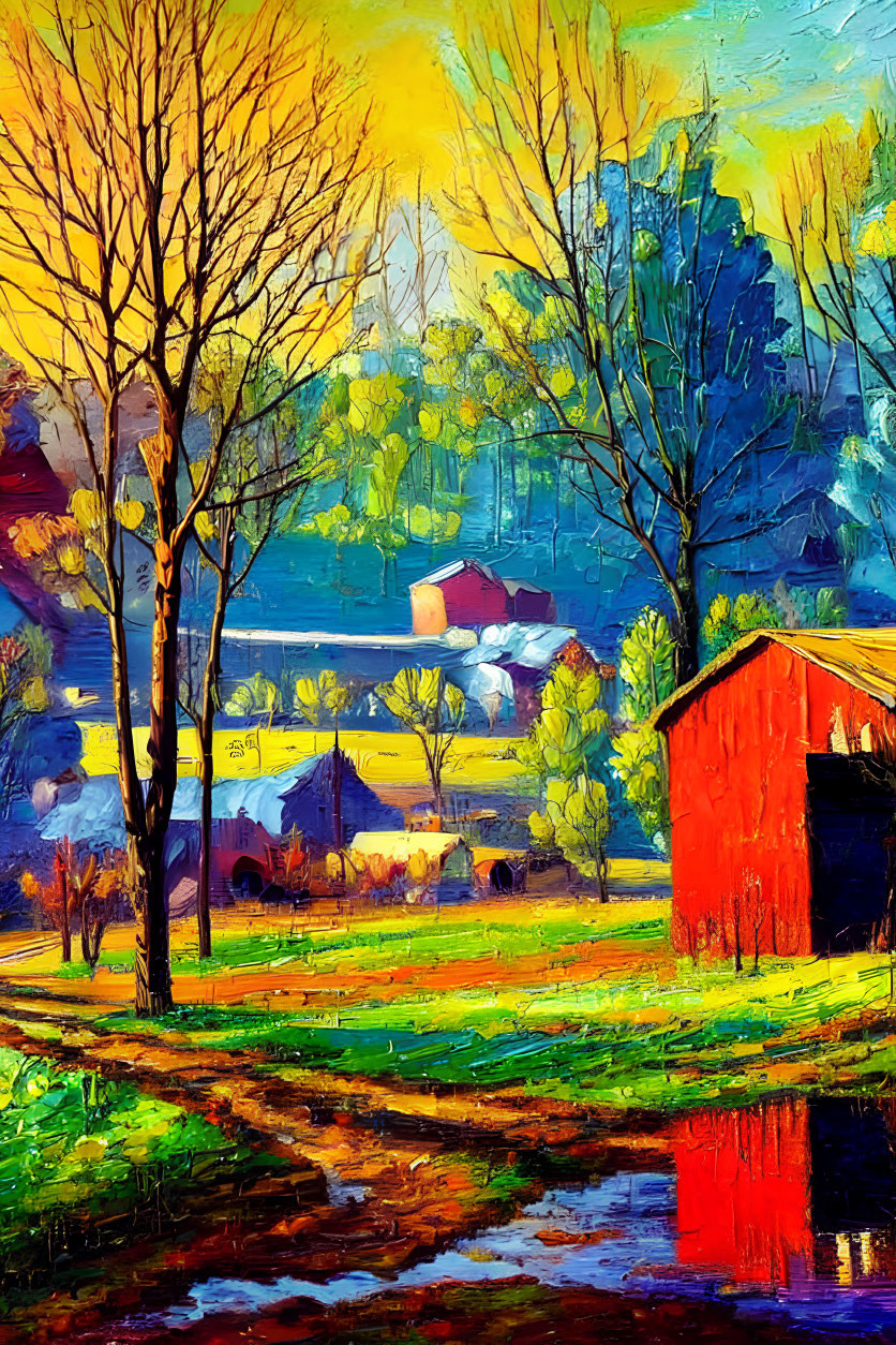 Impressionistic rural scene with red barn, autumn trees, and colorful sky