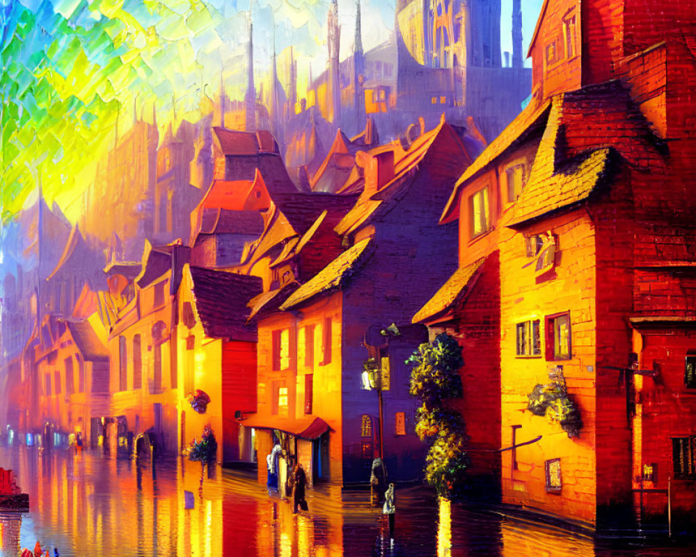 Vibrant painting of idyllic town at dusk with lit windows