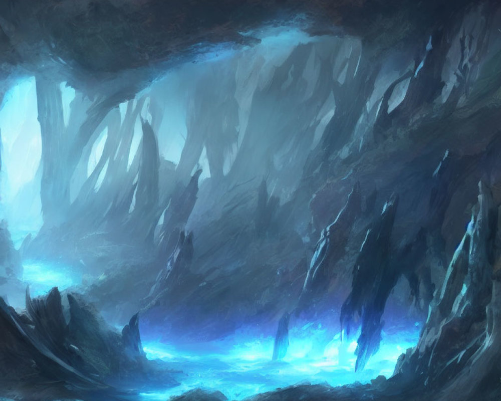 Ethereal underground cavern with blue glow and towering rock formations
