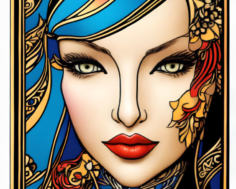 Stylized portrait of a woman with blue and red headscarf and golden accessories