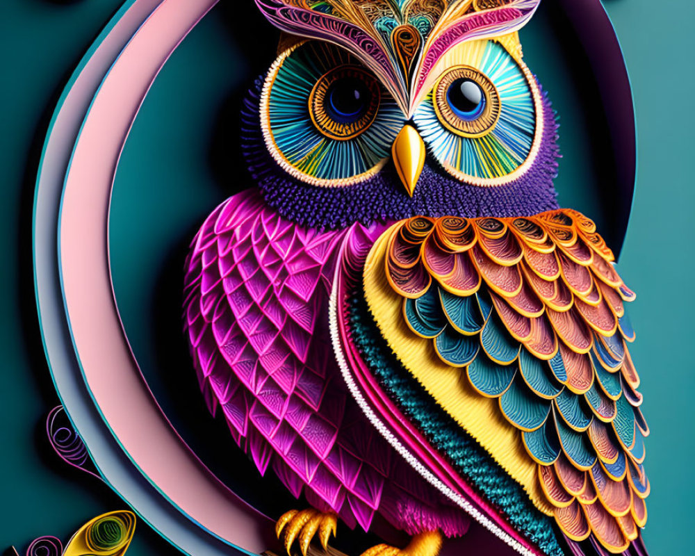 Colorful Stylized Owl Artwork Perched on Branch with Floral Designs
