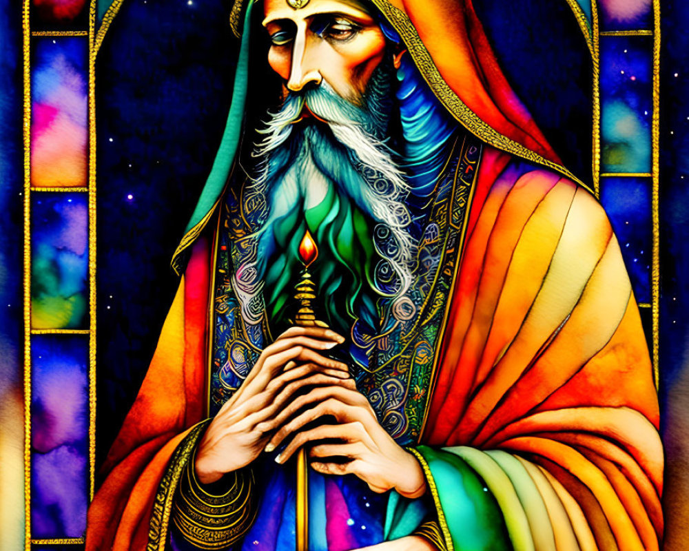 Colorful Illustration of Bearded Figure in Ornate Robes