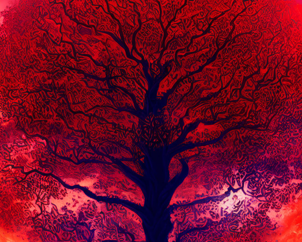 Colossal tree with red foliage against gradient sky.