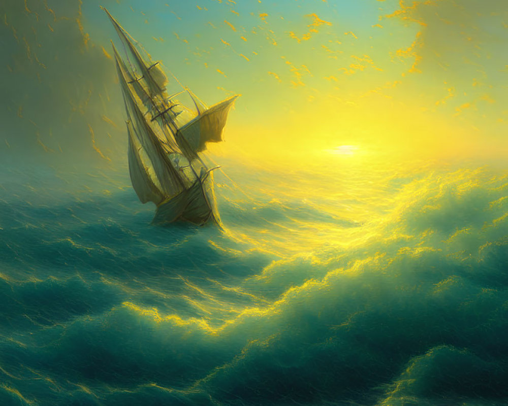 Sailing ship in stormy seas under radiant sunset
