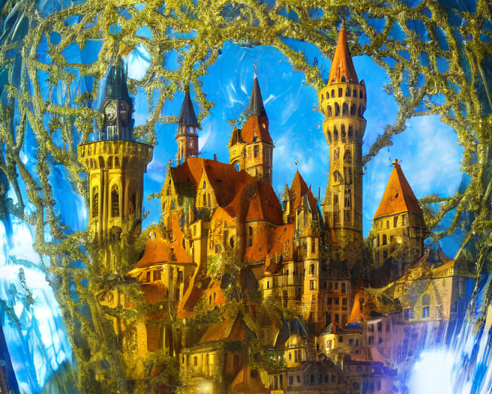 Fantasy castle scene in spherical bubble with golden filigree patterns