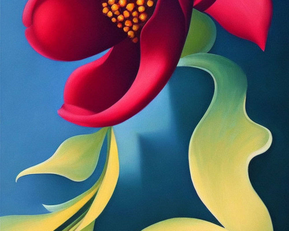 Colorful Stylized Red Flower Painting on Blue Gradient Background