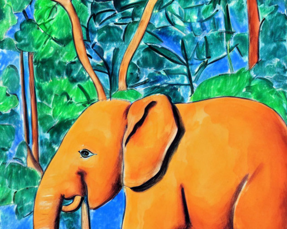 Colorful Drawing: Smiling Orange Elephant in Forest Scene