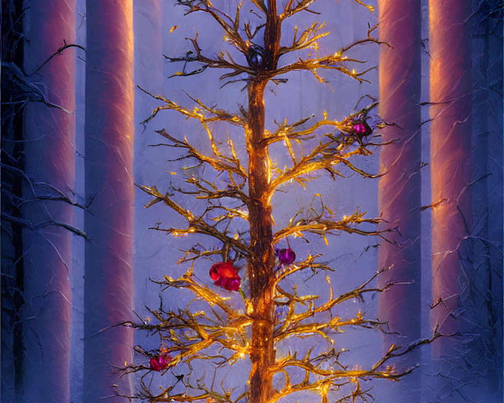 Winter scene with bare tree, lights, red ornaments, pink candles, and snowflakes