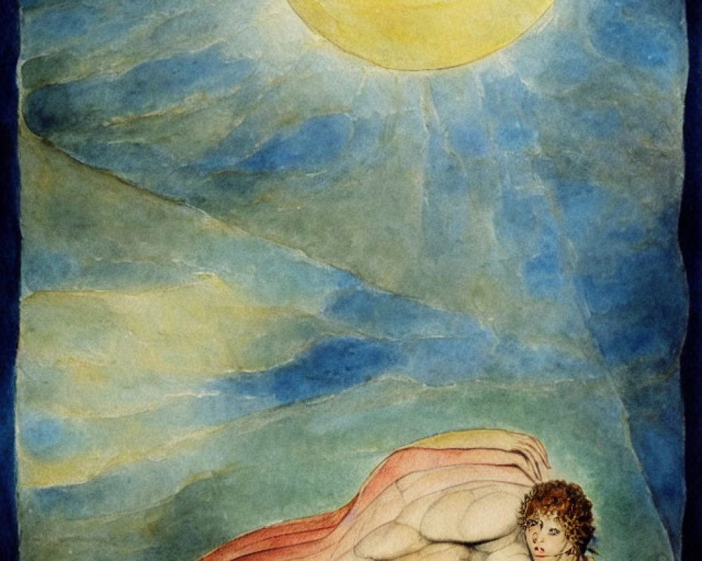 Stylized painting of nude figure under radiant sun and red cloth
