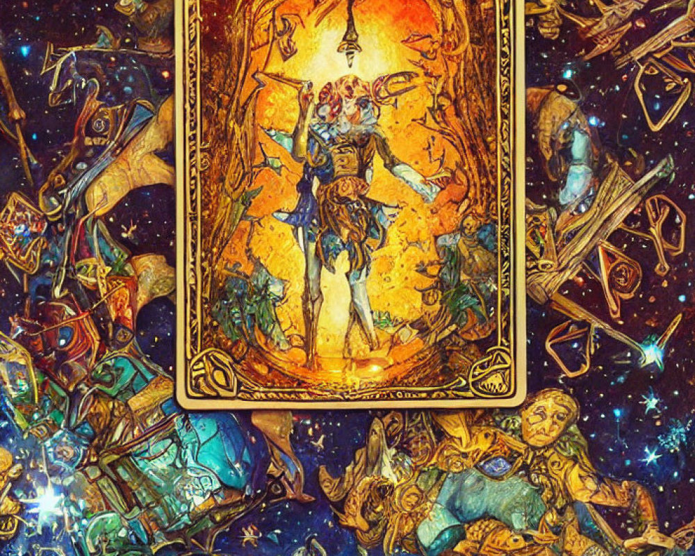 Detailed fantasy artwork with ornate card and cosmic characters.