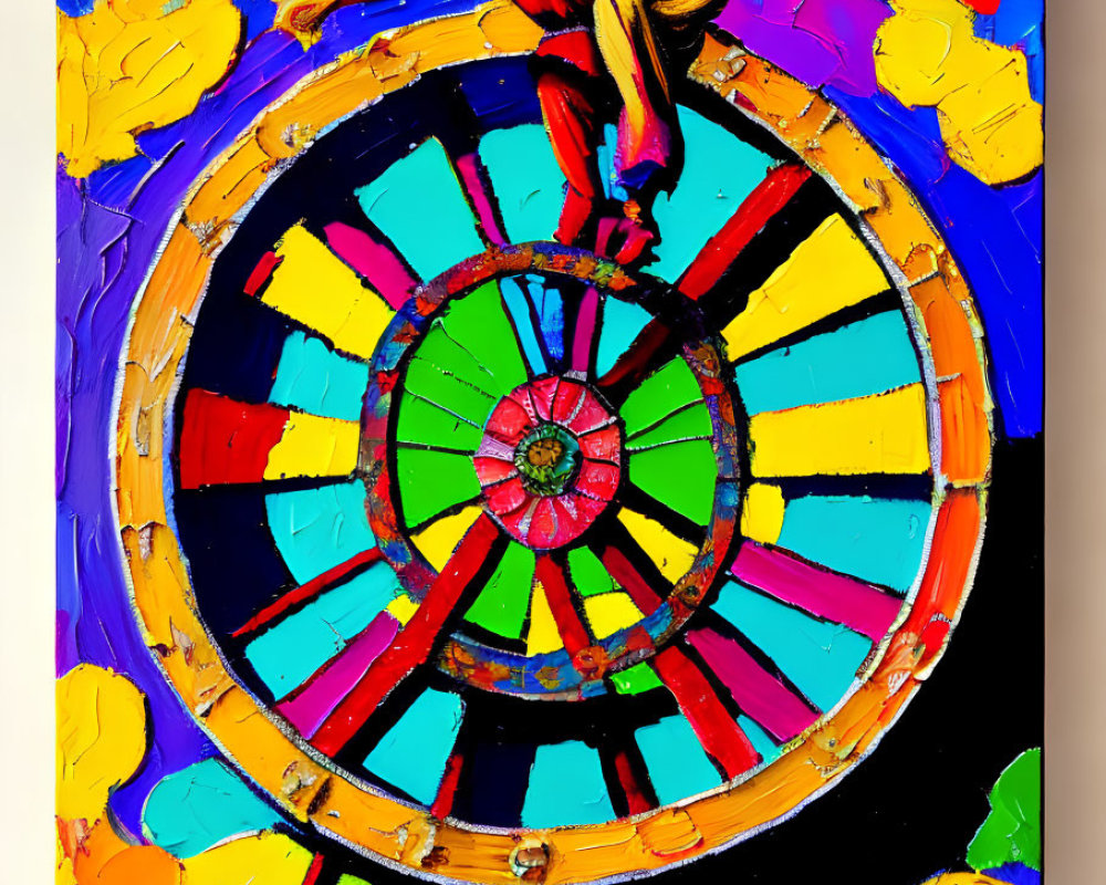 Colorful Figure Balancing on Vibrant Wheel in Textured Painting