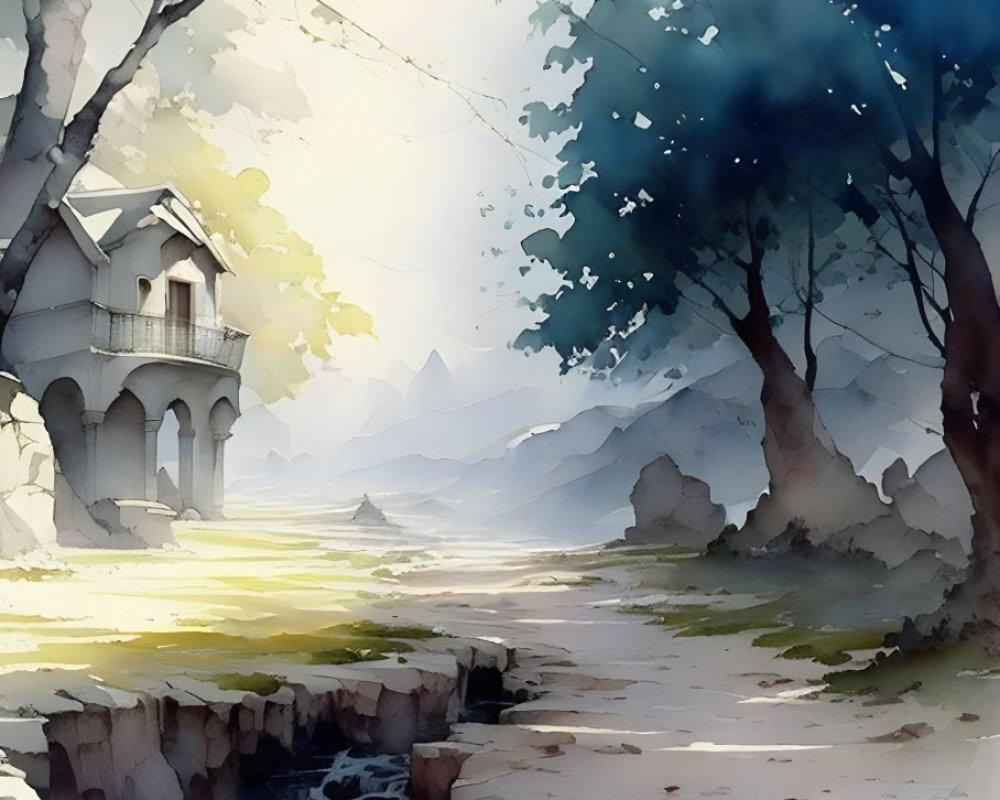Tranquil watercolor landscape of house by stream