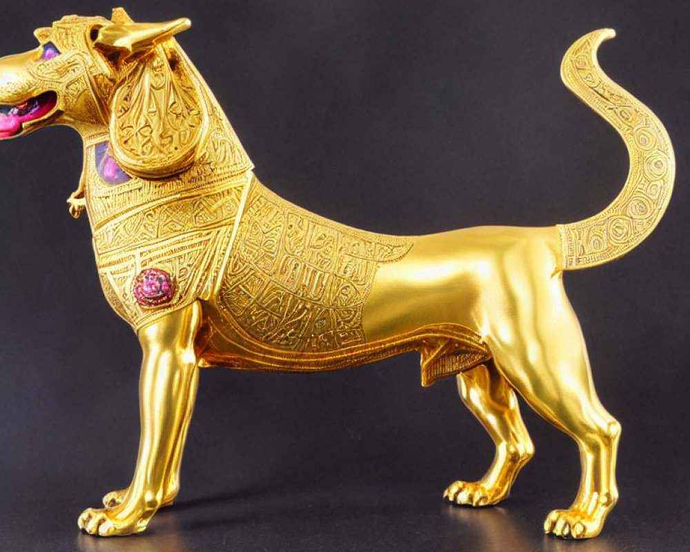 Golden Dog Figurine with Purple Gemstones on Black Background