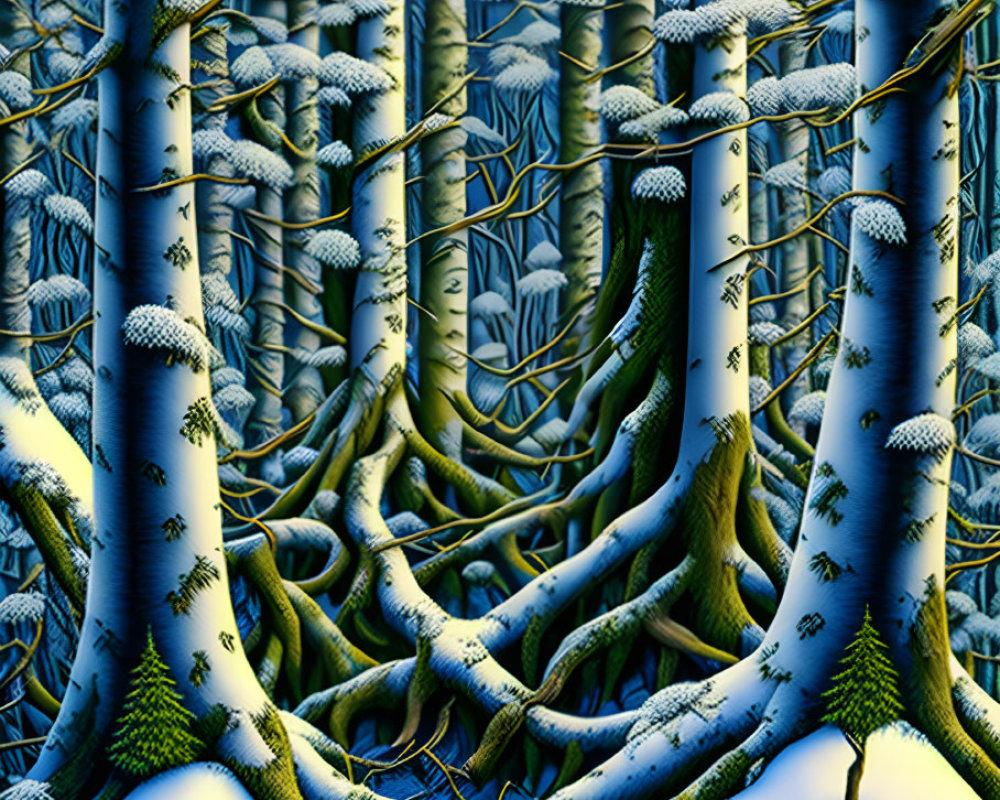 Digital Artwork of Snow-Covered Blue Forestscape