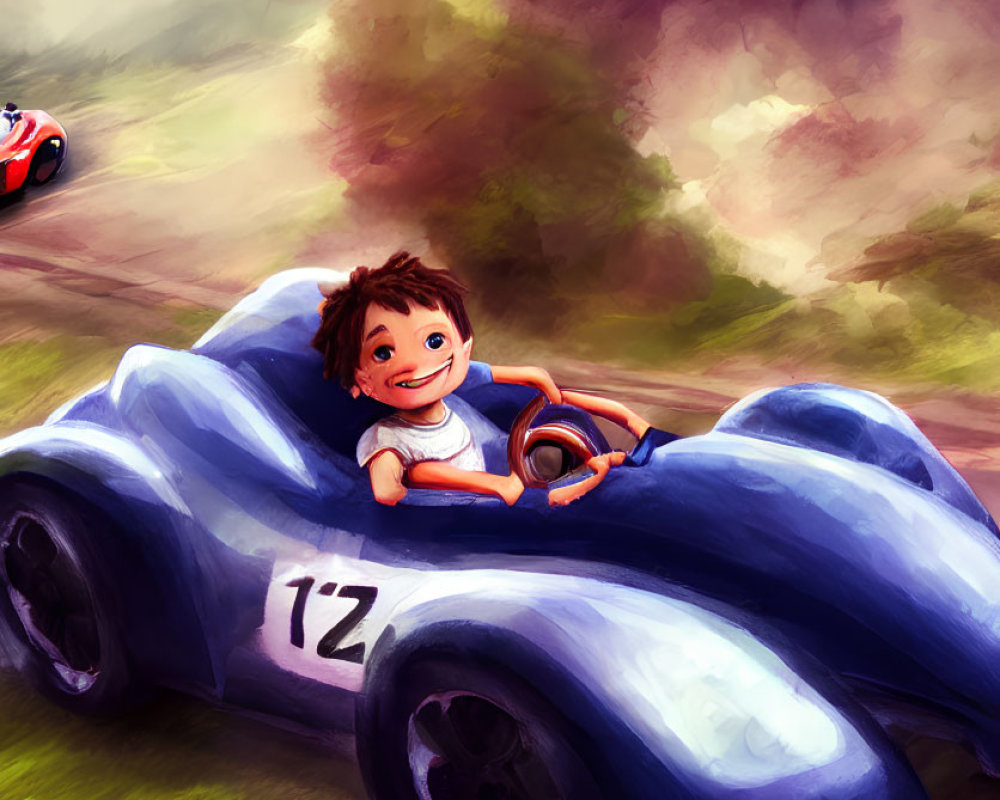 Child driving blue toy race car with number 12, racing outdoors.