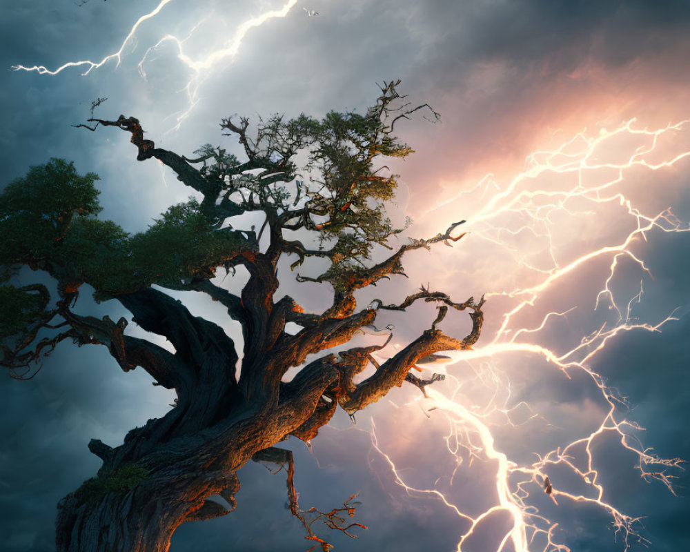 Gnarled tree under stormy sky with lightning bolts