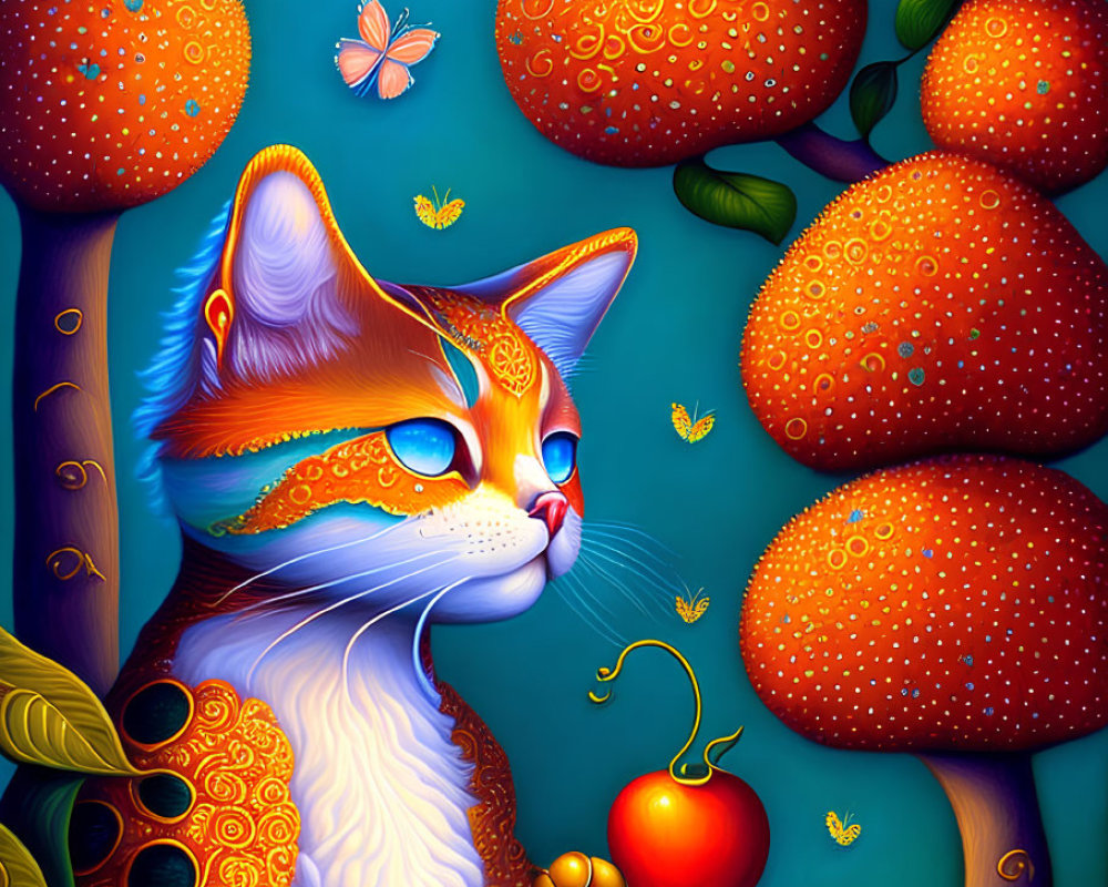 Colorful whimsical cat with intricate patterns, strawberries, butterflies on blue background