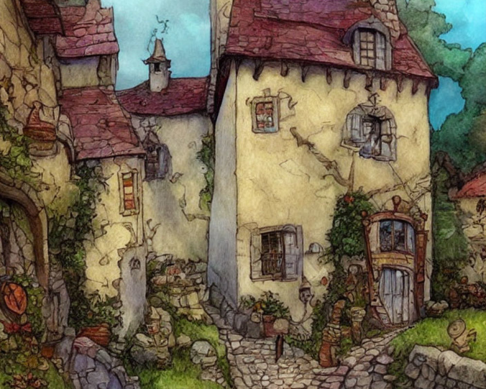 Illustration of Quaint Village Street with Cobblestones and Medieval-Style Houses