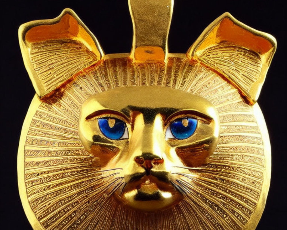 Gold Cat Pendant with Blue Gemstone Eyes & Egyptian Engravings