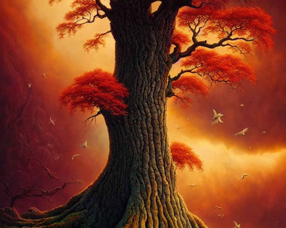 Vibrant red leaves on massive tree under fiery orange sky with birds and red sun