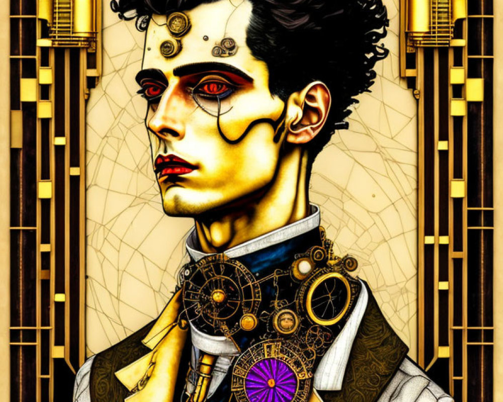 Steampunk-inspired man with mechanical parts and golden patterns in Art Nouveau setting