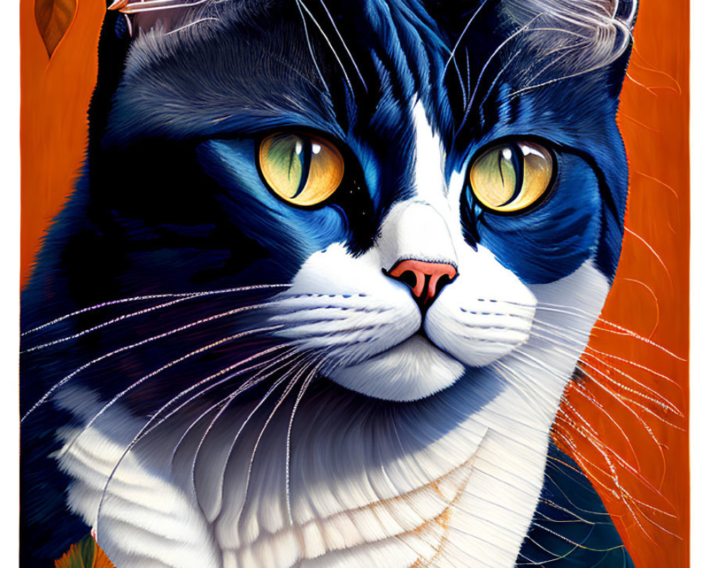 Detailed Black and White Cat Illustration with Striking Yellow Eyes