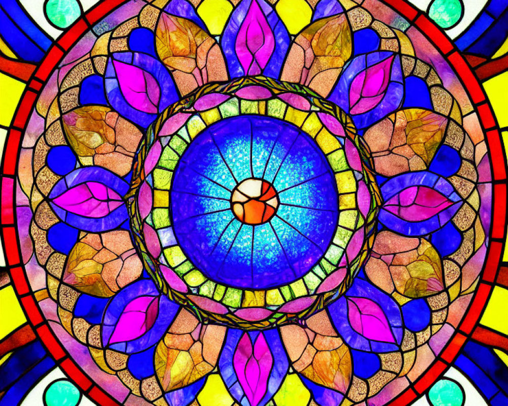 Vibrant Stained Glass Art: Central Blue Circle with Pink and Yellow Patterns