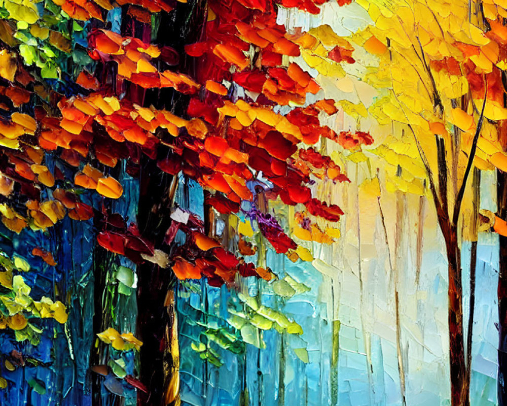 Colorful Autumn Forest Oil Painting with Vibrant Foliage