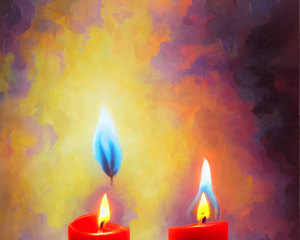 Two red candles with different heights against a colorful blurred background