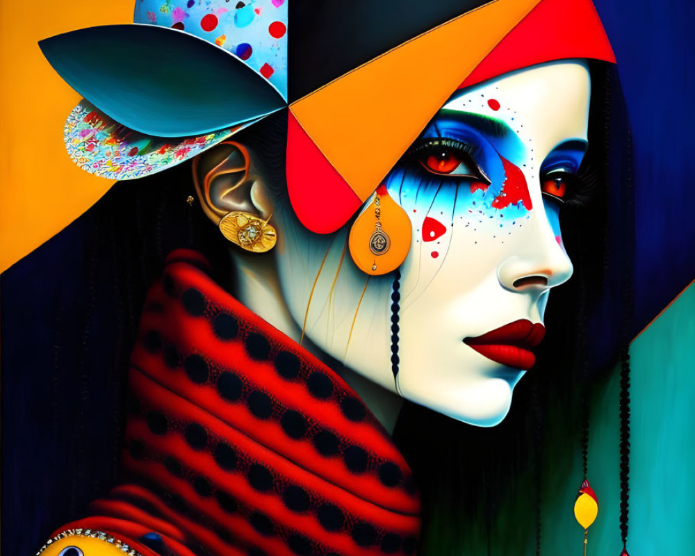 Colorful portrait of woman with patchwork hat, blue skin, and abstract makeup.
