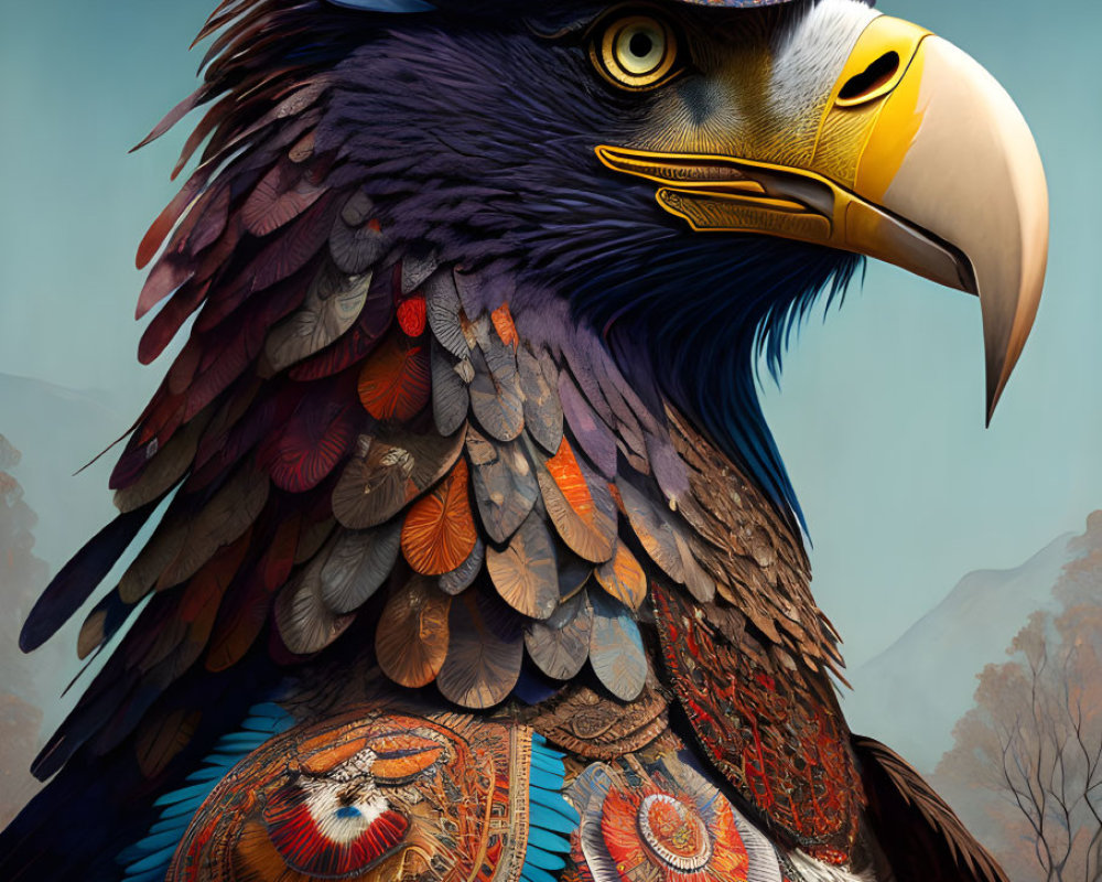 Colorful Stylized Eagle Illustration with Nature Background