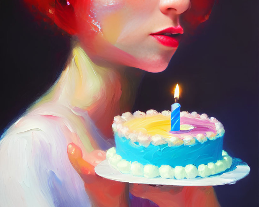 Red-haired person holding small cake with lit candle against vibrant background