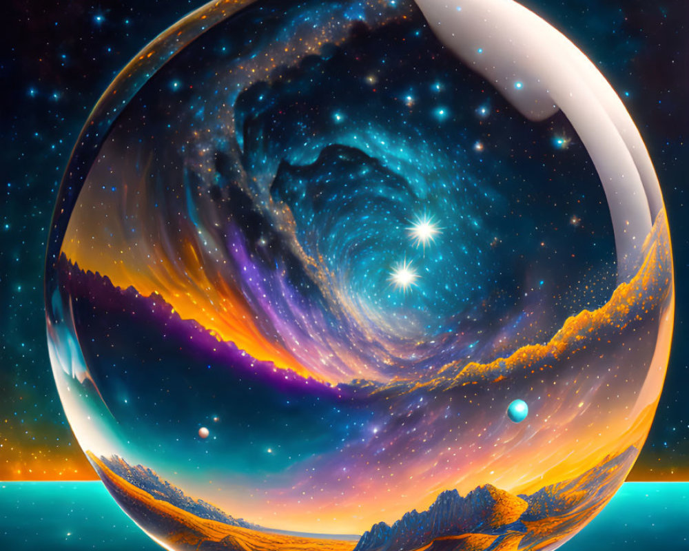 Colorful cosmic scene in transparent sphere with galaxies and stars