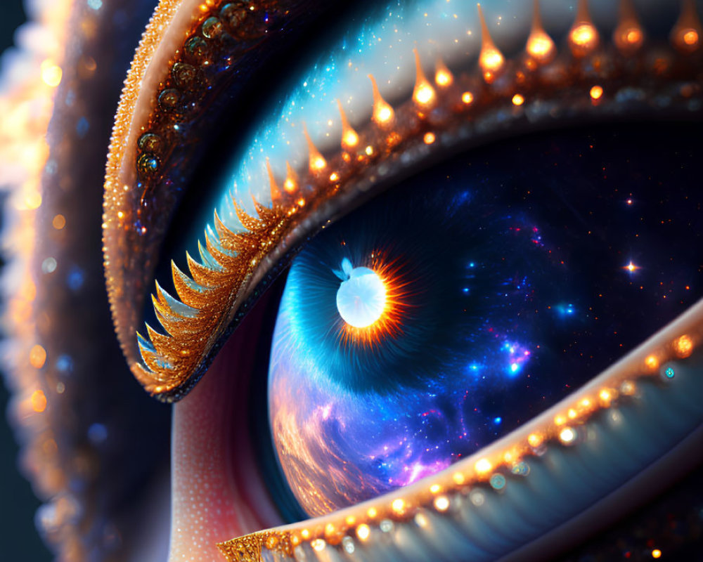 Detailed cosmic-themed digital artwork: eye with starry reflections, golden spikes, ornate lashes