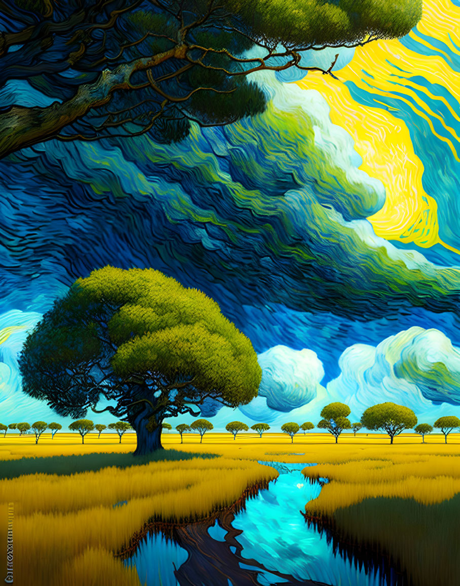 Colorful Van Gogh-style landscape with swirling skies, green tree, golden field, and winding stream