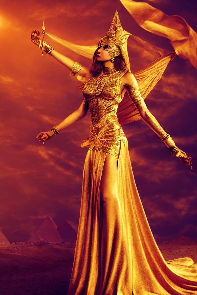 Woman in Ancient Egyptian Goddess Costume with Pyramids Backdrop