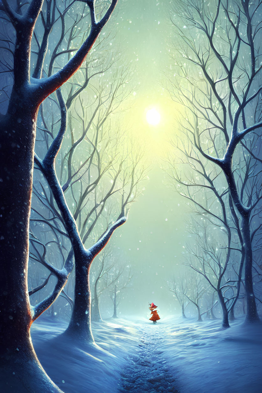 Person in Red Coat Walking in Snowy Winter Forest Under Glowing Sun