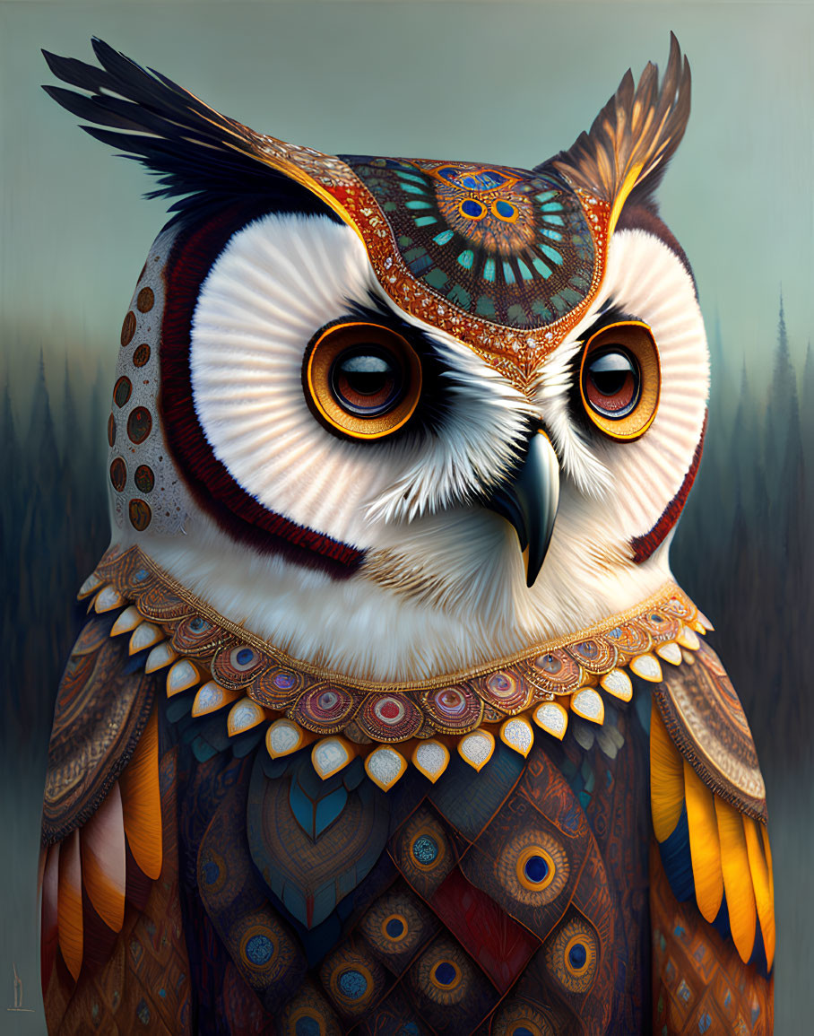 Stylized owl with ornamental patterns and headpiece in forest setting